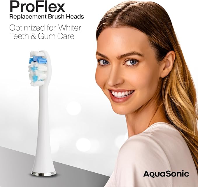 AquaSonic Genuine Proflex Replacement Brush Heads | ADA Accepted | for Whiter Teeth & Gum Care | Compatible with Many AquaSonic Toothbrush Handles (8 Pack White)