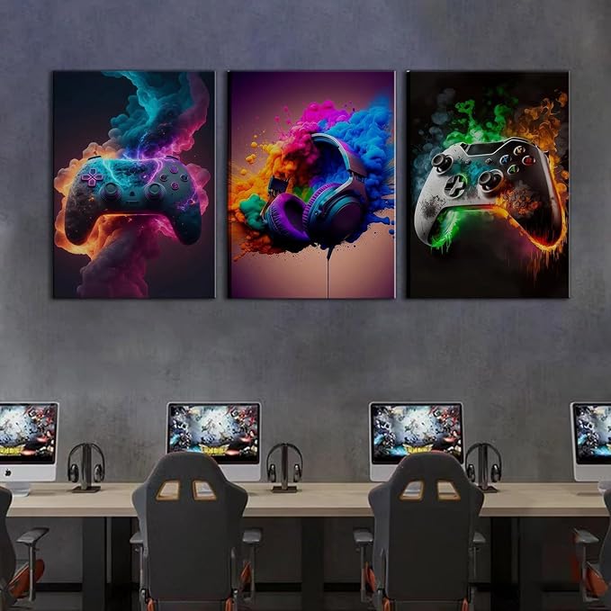BGFCE Gaming Room Decor Canvas Wall Art Set of 3 - Cool Video Gaming Theme Wall Decor, Gamer Paintings Picture Print for Teen Boys Room 16x24 inch Framed