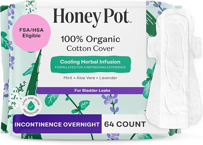 The Honey Pot Company - 64ct - Herbal Pads for Women - Organic Incontinence Overnight w/Wings - Infused w/Essential Oils for Cooling Effect - Postpartum Essentials - Feminine Care