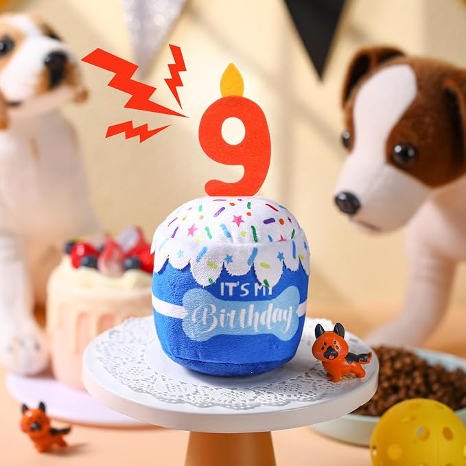 Dansydaisy Dog Birthday Cake Toy Squeaky Plush Gift,9th,Blue