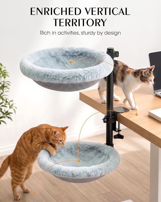 Double Cat Desk Bed, Lockable 360° Swivel, Steel Frame, 15.7-Inch | for Large Cats, Adjustable Clamp 0.5-3", Dual-Sided Cushion, 11-14" Height, No-Drill Mount, Machine Washable, Anti-Slip Base