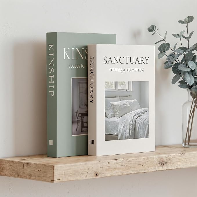 Faux Book Stacks for Decoration (Set of 2) - Decorative Books with Storage for Shelf Decor - Organic Modern & Biophilic Living Room Accents - Sanctuary & Kinship (Sage Moss Green & Beige)