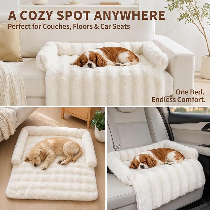 Calming Dog Bed for Couch, 29.5 x 29.5 inch, Dog Sofa Mat, Machine Washable | 3-Sided Bolster, Faux Rabbit Fur Plush, Non Slip Bottom, Water Resistant Furniture Protector for Small Medium Dogs & Cats