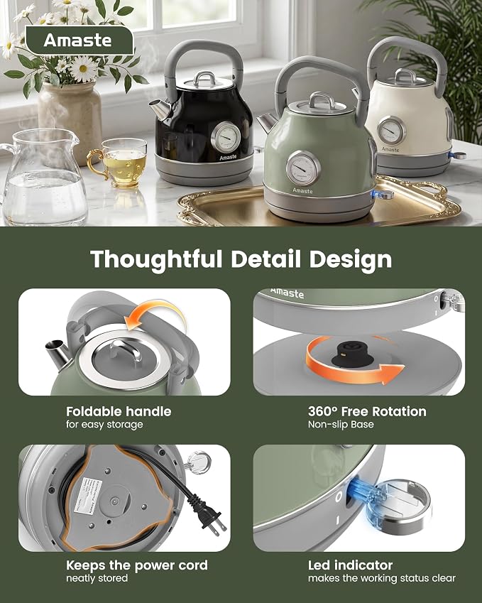 Amaste Electric Kettle, Retro Electric Tea Kettle with Thermometer, 57 Oz Hot Water Kettle for Coffee & Tea, 304 Stainless Steel, 1500W Fast Boiling, Auto Shut-Off & Boil Dry Protection, Matcha Green