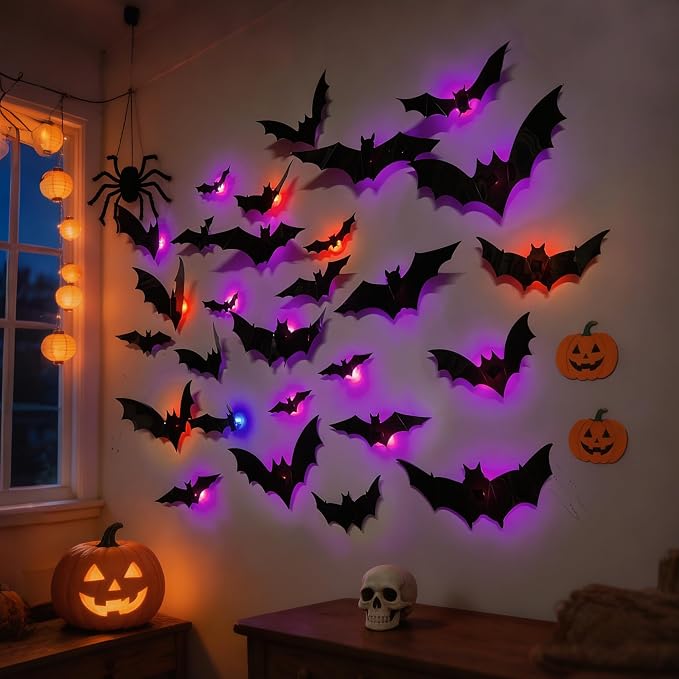 DR.DUDU 36 Pack Halloween Bats Wall Decor Halloween Decorations Indoor | Light Up Flashing Modes, Assorted Size, 3D Bat Stickers, for Bedroom Party Walls Bathroom Mirrors Garages Door