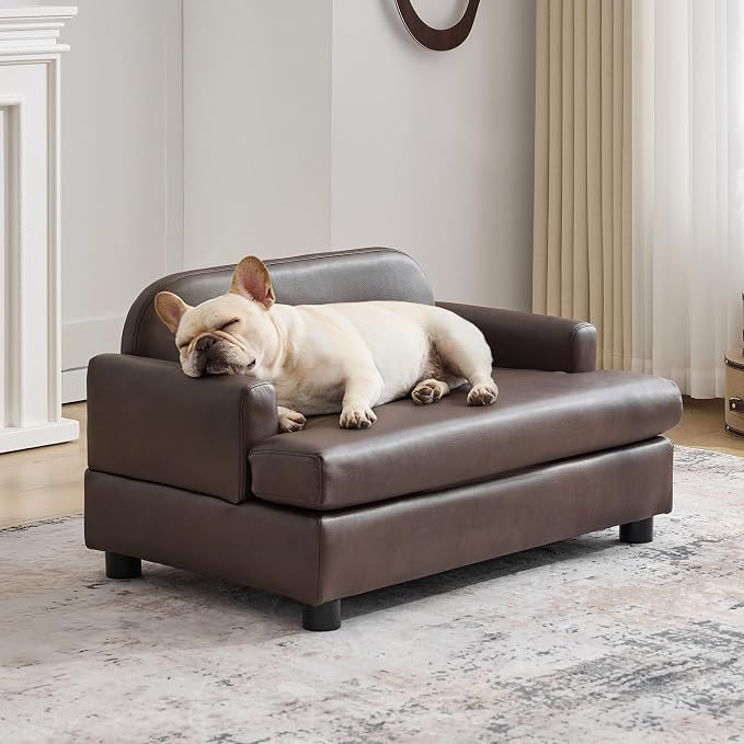 Luxury Dog Sofa Bed Elevated Pet Couch with Durable Waterproof Leather | Dog Couch with Orthopedic Sponge, Modern Furniture Style Dog Lounge & Pet Bedside Step, for Small/Medium Dogs/Cats, Gray