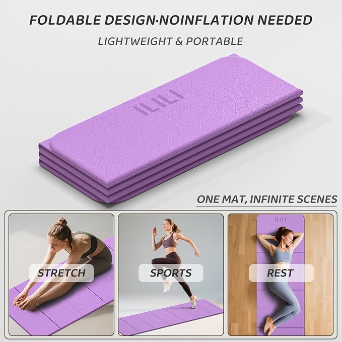 ILILI Foldable Yoga Mat 71 * 24 * 0.3'' - TPE Non-Slip Fitness Mat for Home，Waterproof & Lightweight (2lb) for Home Gym, Pilates & Stretching,Fitness Workouts
