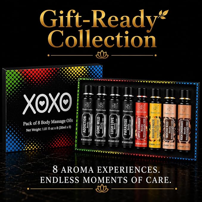 XOXO - 8 Piece Flavoured Body Massage Oils Set - Natural Pleasant Aroma for Men & Women - Quality Assurance, Nourishing & Moisturizing - 240ML/8.11 FL Oz - By Dude’s Love