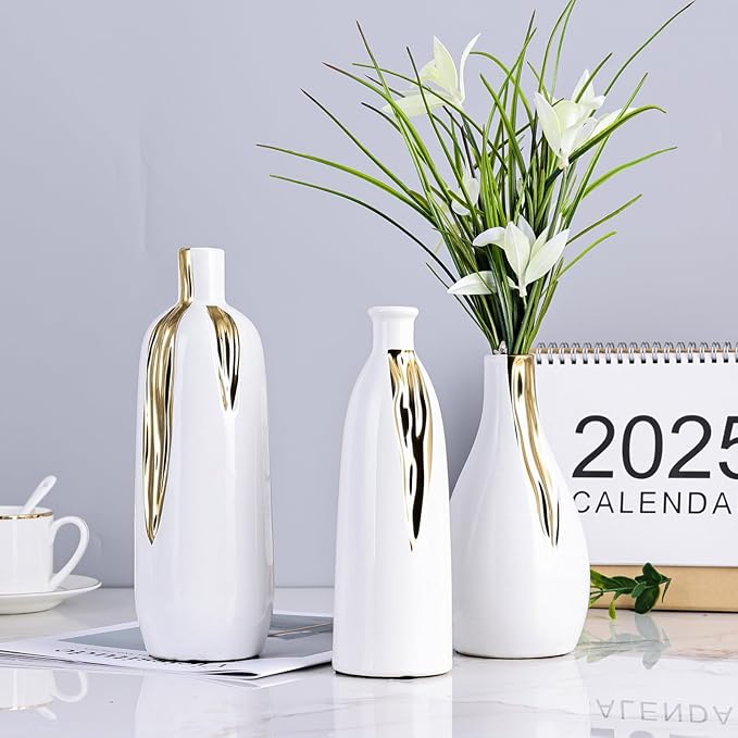 White and Gold Vase Set of 3, Modern Ceramic Decorative Vases for Living Room, Bedroom, Art Decor, Mantle, Home Event Decor, Office Decorative, Weddings, Rustic & Farmhouse (White Gold)