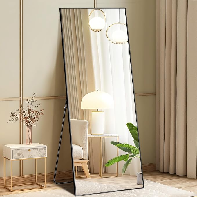 DUMOS 15"x56" Full Length Floor Mirror, Full Body Mirror | Free Standing or Wall Mount, Nano Glass Aluminum Frame, Hanging or Leaning, Modern Simple Home Decor, Black