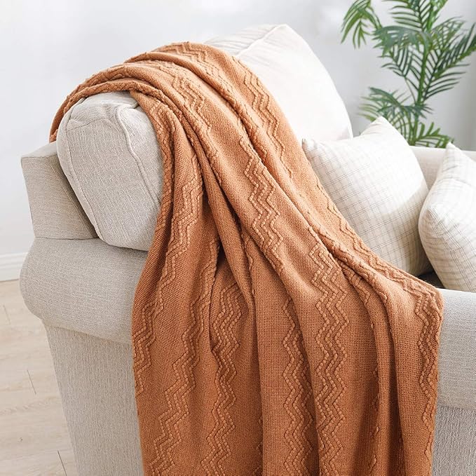 BOURINA Almond Throw Blanket 50x90 Inch Boho Knitted Soft Throw Bed Blanket | Knitted Throw Blanket 50x90 Inches, Soft Lightweight Boho Weave Throw Decorative Couch Blanket for Living Room Bed Runner