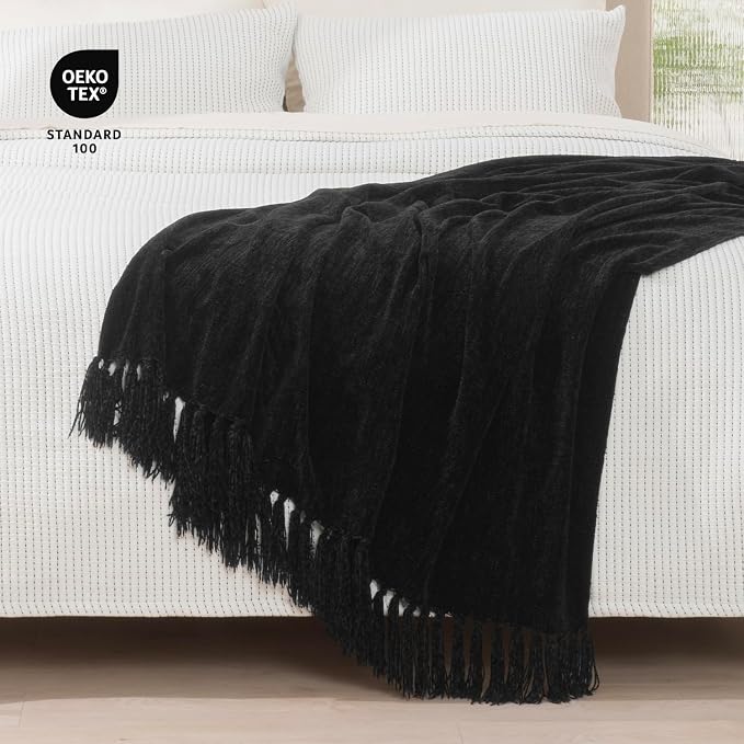 RECYCO Chenille Throw Blanket for Couch, 60"x80", Black | Super Soft Knit Throw Blanket with Fringe Tassels, Lightweight Knitted Throw, Cozy, Ideal for Sofa Chair Bed Living Room Gift