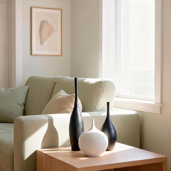 Relexome Black and White Ceramic Vase Modern Wabi-Sabi Flower Vase Set of 3 Decorative Aesthetic Vases for Centerpieces Matte Minimalist Vases for Living Room Table Shelf Home Decor Gift