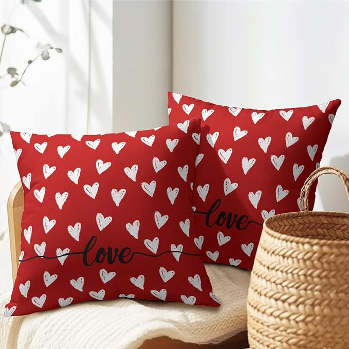 Kawani Valentine's Day Throw Pillow Covers 20x20 Inch Set of 2 Romantic Love Hearts Red Decorative Pillow Cases Cotton Linen Cushion Cover for Home Sofa Couch Wedding Anniversary Decor