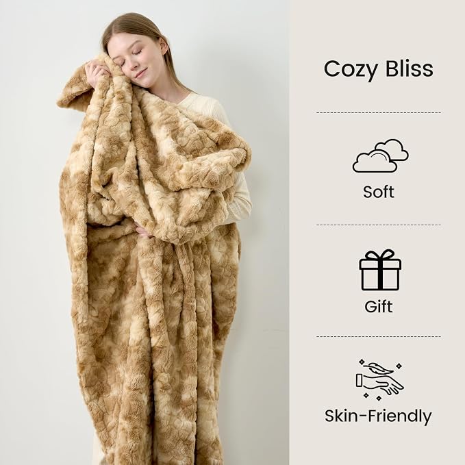 Cozy Bliss Faux Fur Throw Blanket for Couch, Fuzzy Soft Plush Thick Warm Fluffy Reversible Wave Textured Blanket for Sofa Bedroom Living Room, 55 * 70 Inches Tie-dye Khaki