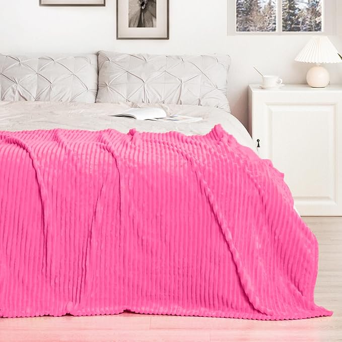 Vessia Flannel Fleece Throw Blanket for Couch,Sofa,Bed, 300GSM Striped Hot Pink Blanket for Adults and Kids, Super Soft Warm Cozy Lightweight Ribbed Throw for All-Season