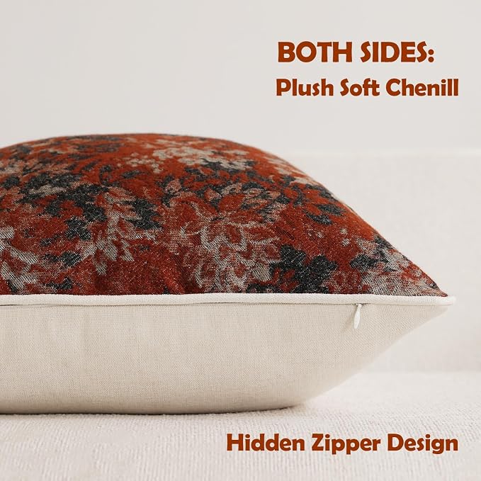 Pack of 2 Vintage Floral Throw Pillow Covers 20x20 Boho Farmhouse Accents Chenille Square Decorative Pillow Cases for Living Room Couch Bed Home Decor, Rust