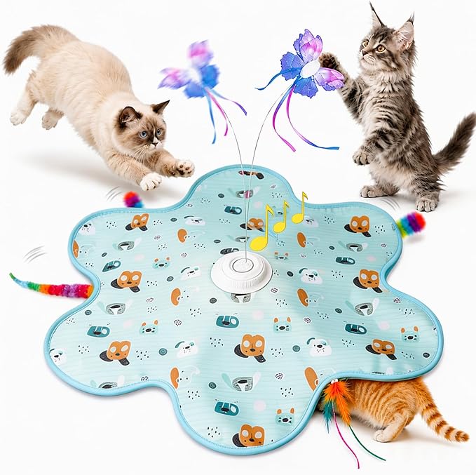 Interactive Cat Toys, Rechargeable with Auto Play and Bird Chirps | 3-in-1 hide and seek mat with fluttering butterfly, moving feather and plush tail. Perfect for indoor adult cats and kittens