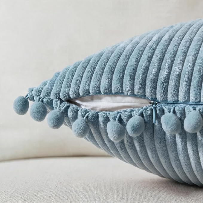 Fancy Homi Set of 2 Light Blue Decorative Throw Pillow Covers 24x24 Inch with Pom-poms, Boho Soft Corduroy Solid Square Baby Blue Cushion Covers for Couch Sofa Bedroom Car Living Room 60x60 cm