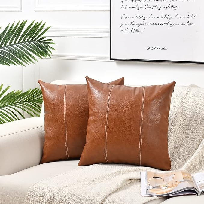Fancy Homi Brown Boho Faux Leather Decorative Throw Pillow Covers 20x20 Inch for Living Room Couch Bed, Hand Stitched Accent Square Cushion Case 50x50 cm, Luxury Modern Farmhouse Home Decor