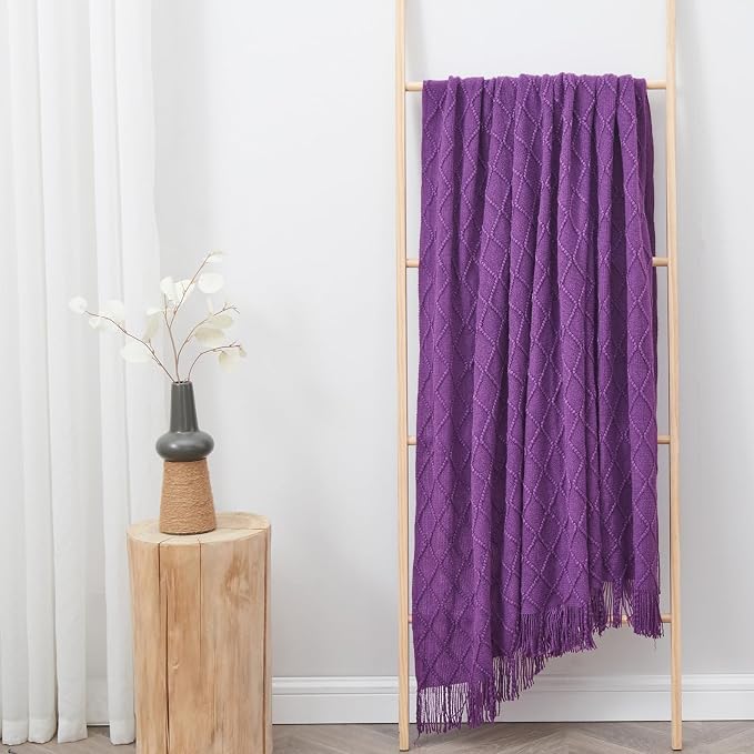 inhand Purple Knitted Throw Blanket for Couch and Bed, 50"x60" | Gifts for Mom from Daughter Son, Soft Lightweight with Tassels, Farmhouse Warm Decorative Blanket for Women, Cozy Knit