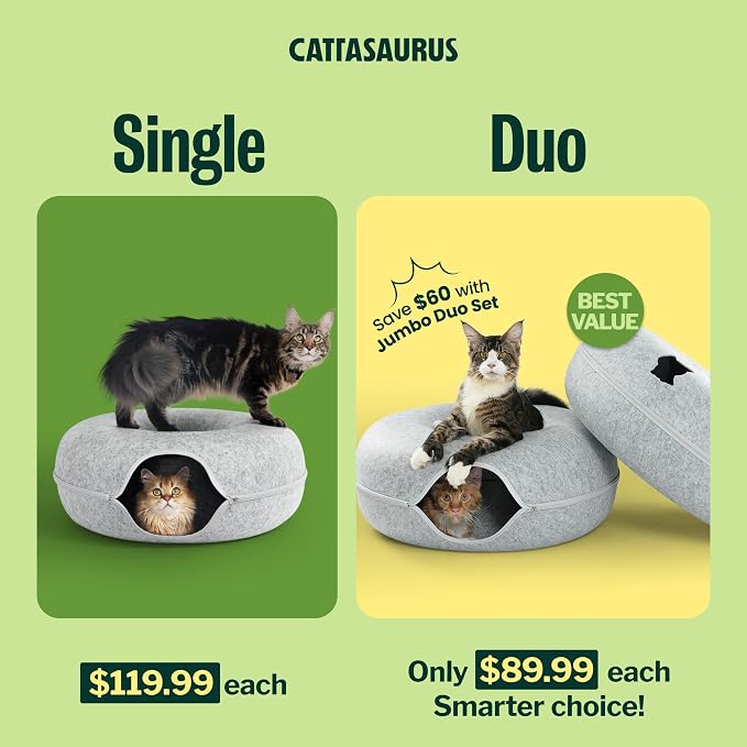Peekaboo Cat Cave Duo Jumbo Set, Extra Spacious Cat Donut for Multiple & Large Kitty 15+ lbs, Scratch Detachable Cat Beds for Indoor Cats, Washable Cat Tunnel Bed, Best Kitten Toys