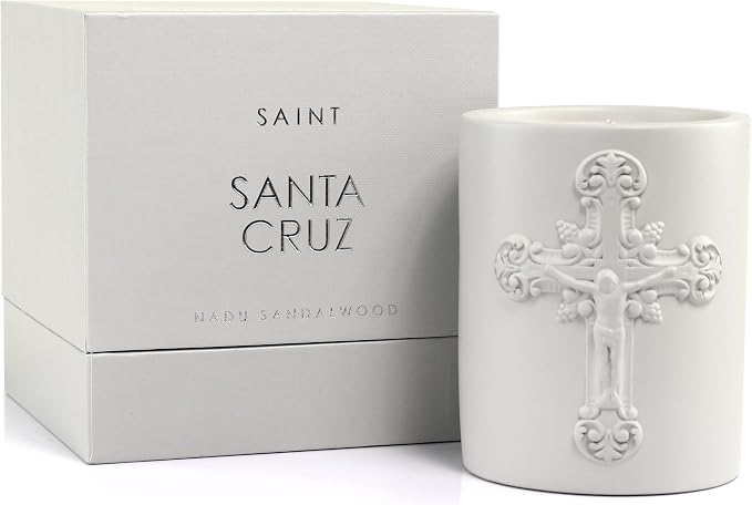 SAINT Santa Cruz Scented Candle with Prayer and Prayer Coin | Nadu Sandalwood in Decorative, Concrete Jar - Soy Coconut Aromatherapy Candle with 80 Hour Burn Time, Special Edition