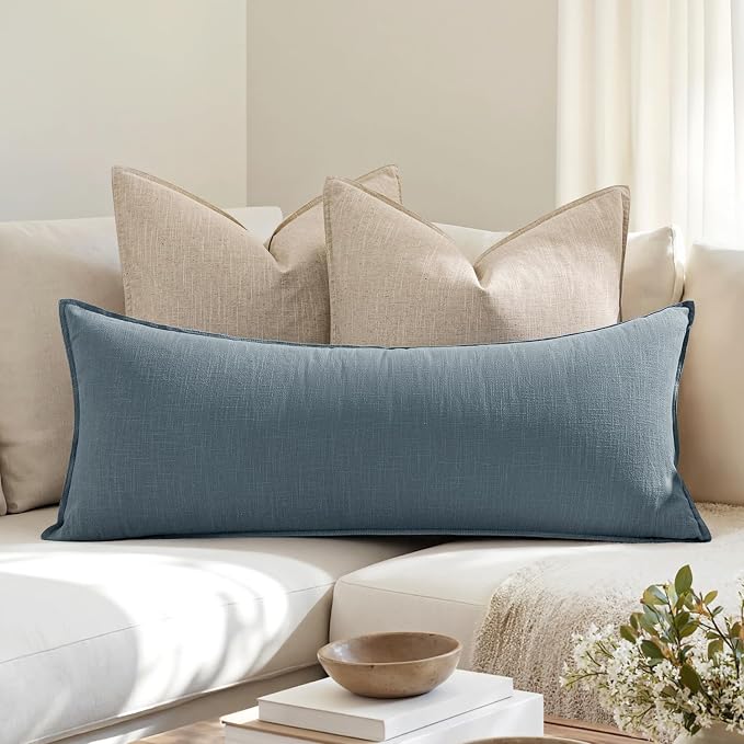 MIULEE Decorative Linen Lumbar Pillow Cover 14x36 Inch Blue Grey | Boho Farmhouse Couch Long Throw Pillow for Bed, Pack of 1 Accent Coastal Modern Pillowcase, Sofa Livingroom Home Decor