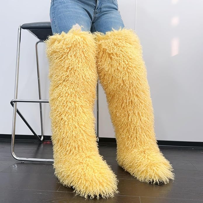 SWEETHEART BEAUTY Thigh High Shagy Teddy Fur Boots, 29 Inch Over the Knee Length Fluffy High Boots, Tall Furry Shoes For Women