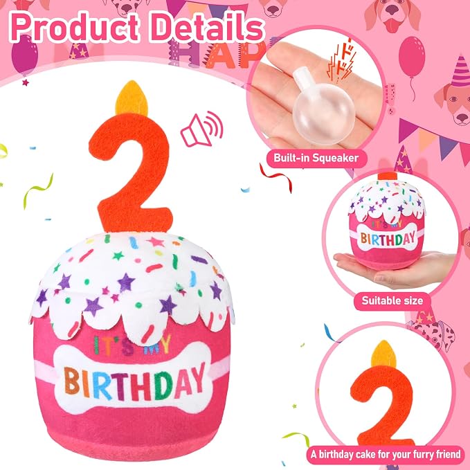 Dansydaisy Dog Birthday Cake Toy Squeaky Plush Gift,2nd,Pink