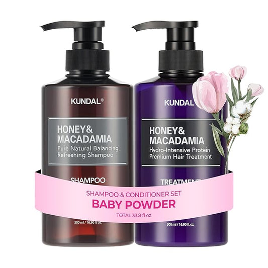 KUNDAL Korean Shampoo and Conditioner Set [Baby Powder] Salon-quality, Long Lasting Scent, Moisturizing, Sulfate-Free, Argan & Macadamia Oil, Korean Hair care, 16.9 fl oz each, Valentines Day Gifts