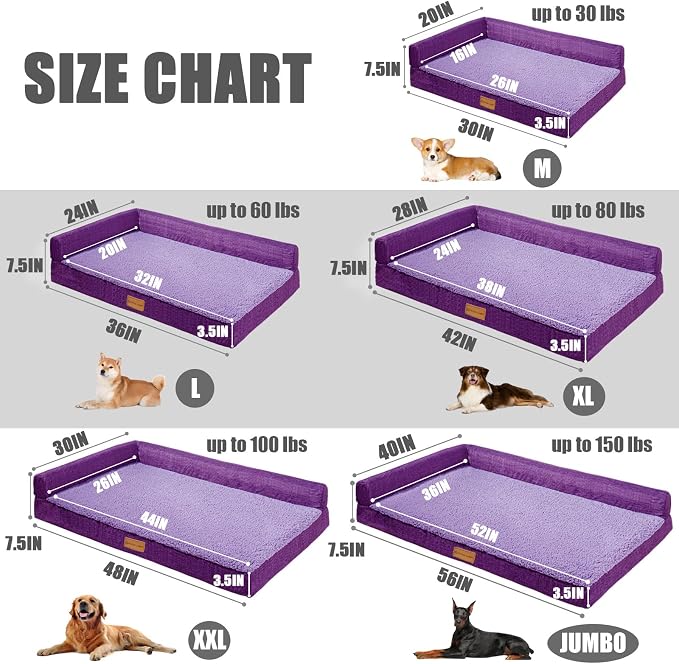 Patas Lague Orthopedic Large Dog Bed Washable Pet Sofa Bed 48''X30''Purple | 2-Sided Bolster Egg-Crate Foam Dog Couch Large Sized Dogs, Waterproof Removable Washable Cover, Nonskid Bottom Pet Crate Mat