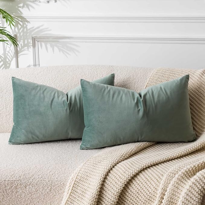 JUSPURBET Sage Lumbar Velvet Throw Pillow Covers 12x20 inch Set of 2 for Living Room Couch Sofa Bedroom Decorative Rectangle Solid Soft Cushion Cases with Invisible Zipper