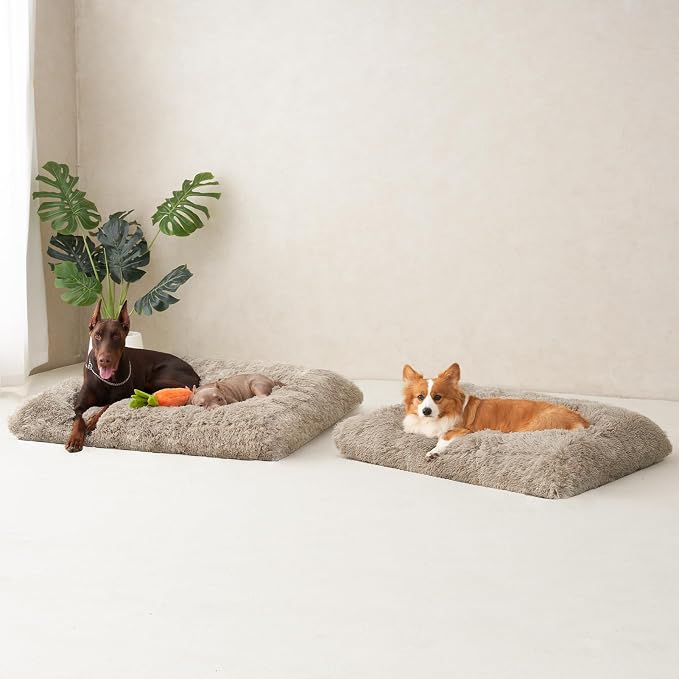 EHEYCIGA Fluffy Dog Crate Bed, Plush XX Large Dog Pillow, Taupe | Xlarge Calming Anti Anxiety Plush Faux Fur Mat for Large size dogs, Washable Soft Warm Dog Pad with Non-Slip Bottom