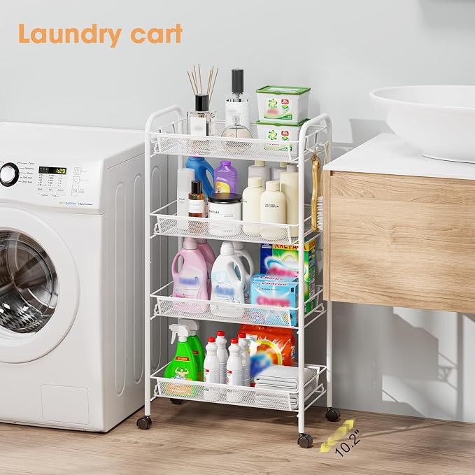 TOOLF 4 Tier Rolling Cart, Metal Utility Storage Cart with Wheels, White | 3 Hooks, Screwless Assembly, Trolley Organizer for Bathroom, Kitchen, Office, Nursery, Dorm, Laundry Room