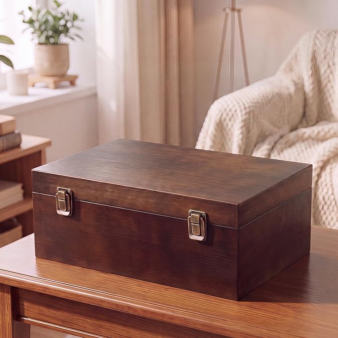 Sliner 1 Pcs Wooden Decorative Storage Boxes with Lids Vintage Wood Organizer Bins for Your Bookshelf Home Decor Safely Store Photos Documents Memory Jewelry Craft Storage (Dark Brown,M Size)