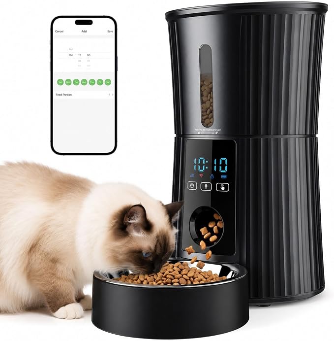 NEWBULIG 4L Automatic Cat Feeder with APP, 2.4G WiFi Pet Feeders - Black | Applicable for Dry Food, 19.5 Cups, Programmable Schedule, 10 Meals/Day, 50 Portions/Meal, 10s Voice Recorder, Dual Power