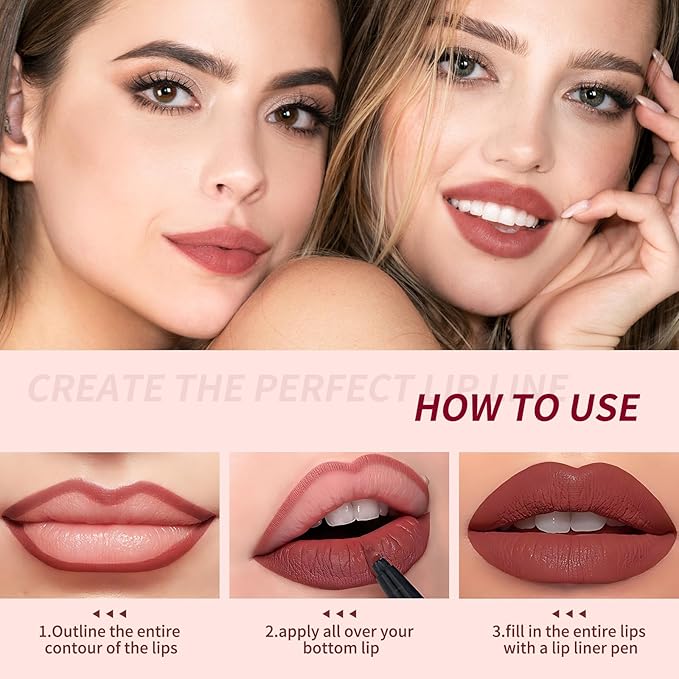 Longwear Liquid Lip Liner, 2025 New 2-in-1 Lip Liner Liquid Pen, Waterproof Long-Lasting Matte Liquid Lipstick for Women (13)