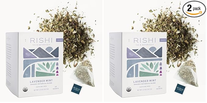 Rishi Tea Lavender Mint Herbal Tea - Organic, Caffeine Free Sachet Bags, Calming Lavender with Peppermint & Sage - 15 Count (Pack of 2)