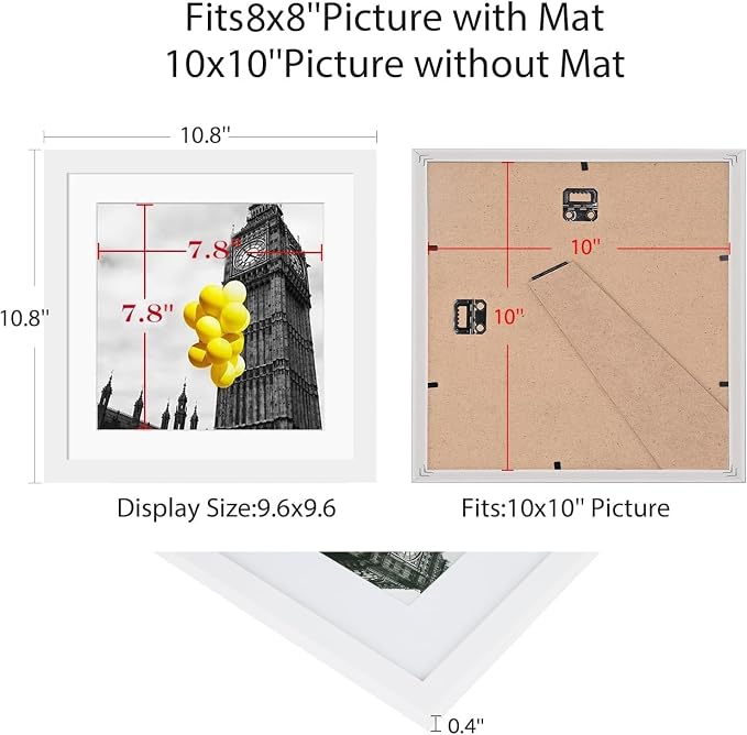 10x10 Picture Frame Set of 9, Display Pictures 8x8 with Mat or 10x10 without Mat, Multi Collage Gallery Square Photo Frames for Wall or Tabletop, White