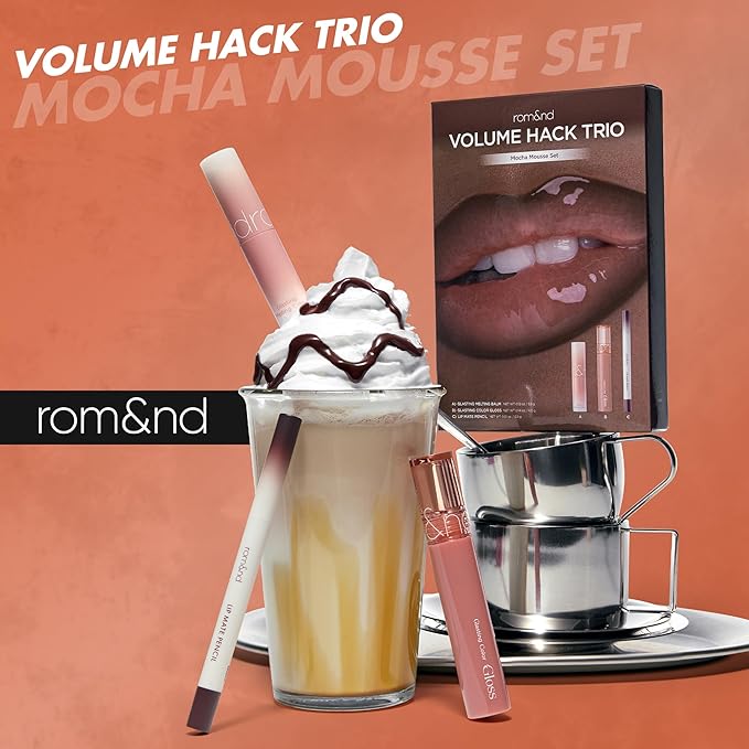 rom&nd Volume Hack Trio Mocha Mousse Lip Set | K-Beauty Plumping Gloss, Hydrating Balm & Smooth Liner | Achieve Defined, High-Shine Lips for Viral Looks.