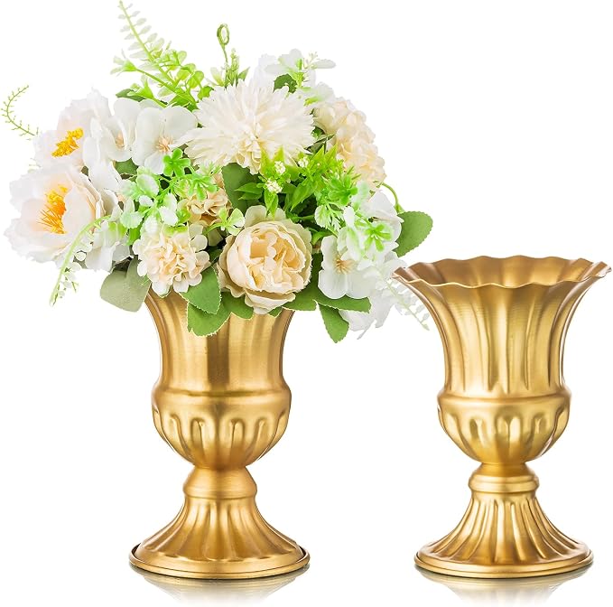 Sziqiqi Gold Metal Compote Vase, Urn Vases for Table Centerpiece, 2Pcs | 6.3in Tall, Golden Vintage Flower Arrangement for Wedding, Pedestal Bowl Planter Pot For Reception, Home, Party Decor