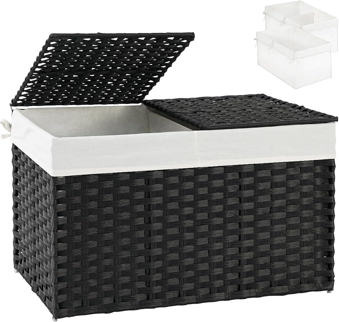 SETVSON Storage Basket with Lid Wicker Baskets for Storage, 160L Black | 42.3 Gallon Dual Lid Jumbo Blanket Storage Trunk, Divided Clothes Organizer, 2 Washable Liner Bags, Collapsible PE Rattan Bin