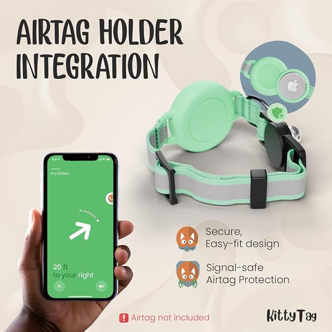Cat Collar with Airtag Holder, Breakaway Air Tag Collar for Apple airTag, Reflective & Luminous Design, Waterproof GPS Tracker for Cats and Kittens, Includes Bell, Green Mint (9-12")