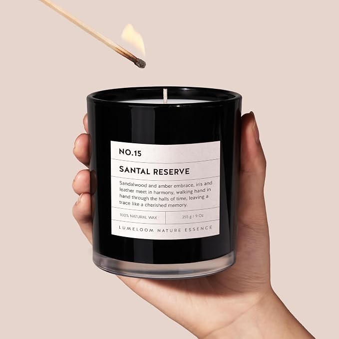 LUMELOOM Santal Reserve Luxury Scented Candles, 9oz Soy Wax Candles for Home Scented, Sandalwood, Amber, Iris & Leather Scent, Long Burning Time, Gifts for Women, Men, Sister, Teacher, Christmas