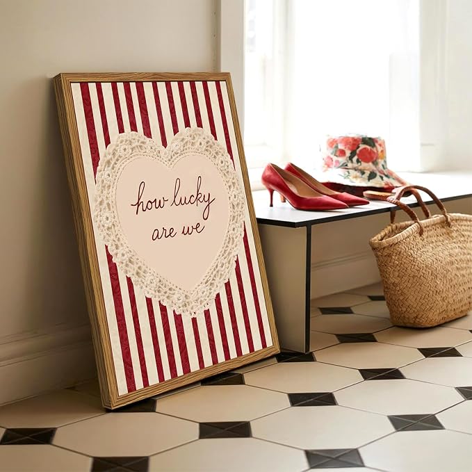 Framed How Lucky Are We Wall Art, Vintage Red Striped Pictures Wall Decor, Romantic Lace Heart Quote Paintings Canvas Prints Coquette Home Decor for Living Room Bedroom Bathroom 16x24 inch