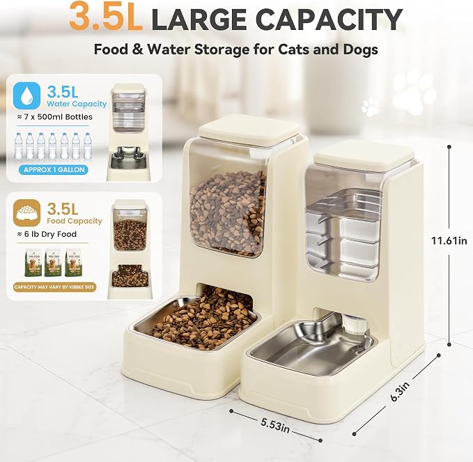 2 Pack Automatic Cat Feeder Stainless Steel Gravity Food and Water Dispenser for Small Medium Kitten Puppy Pets (Cream)