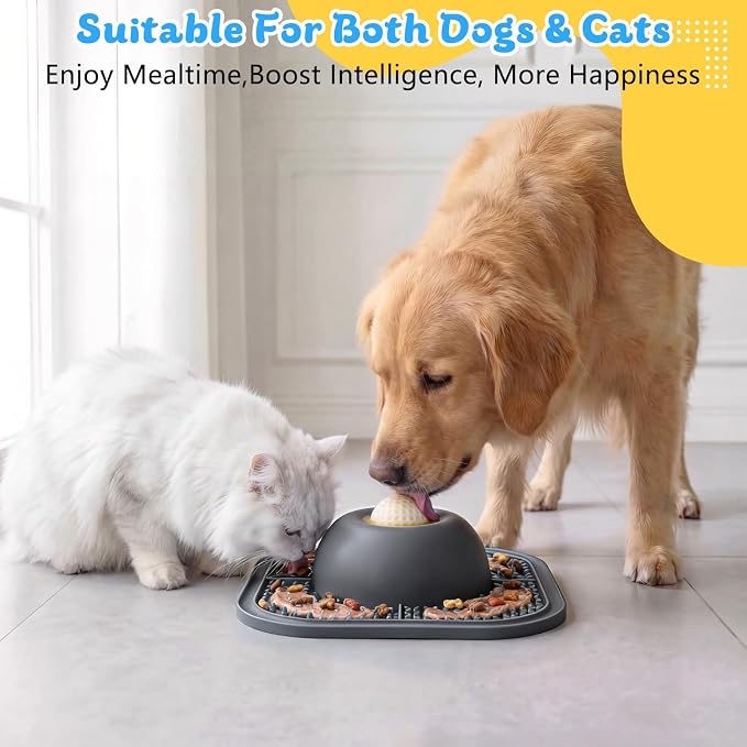 Slow Feeder Dog Bowls & Lick Mat for Liquid and Thick Treat, Anti-Slip Dog Lick Bowl with Interactive Rolling Ball, 5/6 Cup Pup Licking Toy for Large Medium Small Dogs and Cats Gray