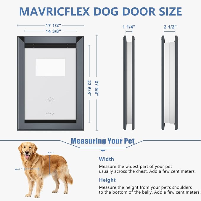 MAVRICFLEX Heavy Duty Aluminum Extra-Large Dog Door, X-Large, Dark Gray | XL Dog Door with 2 Sliding Lock Panels & Magnetic Soft Flaps, Energy Efficient Design for Giant Dogs Up to 200 LBS