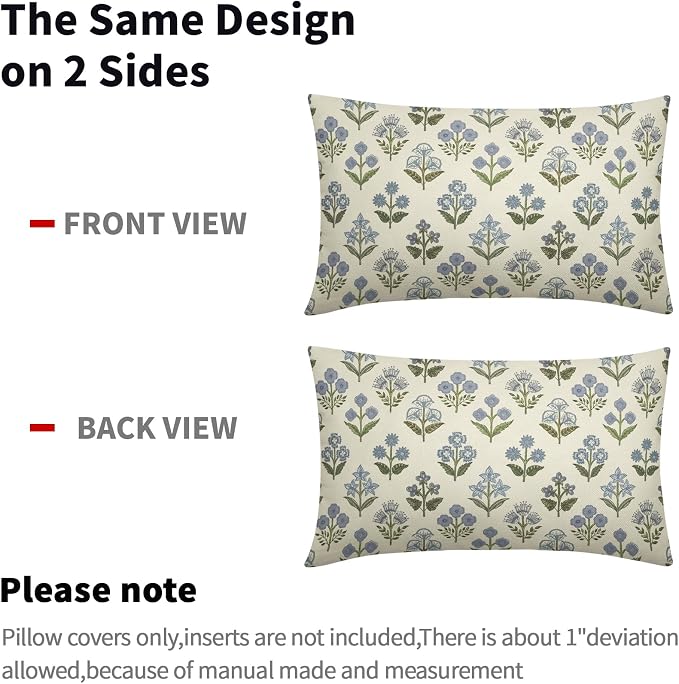 Blue Green Block Print Lumbar Pillow Covers 12x20 Inch Set of 2, Vintage Floral Decorative Throw Pillow Cases Boho Cushion Covers Rustic Decoration Gift Farmhouse Sofa Couch Bed Decor